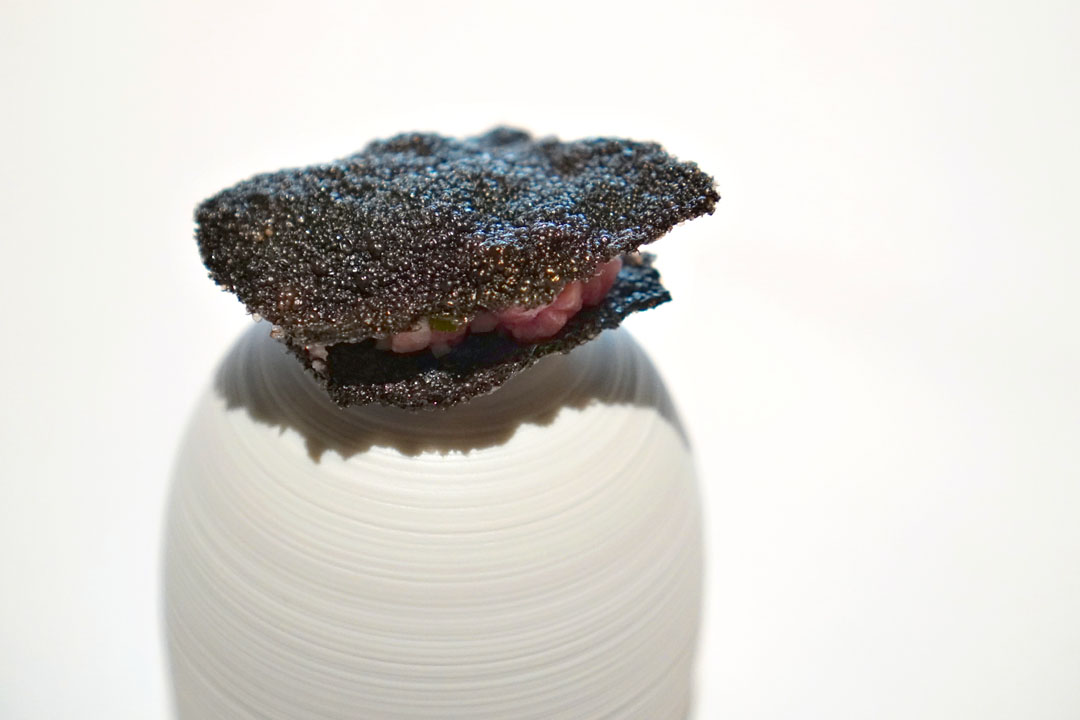 Wagyu Tartar, Squid Ink Cracker, Miso Mayo