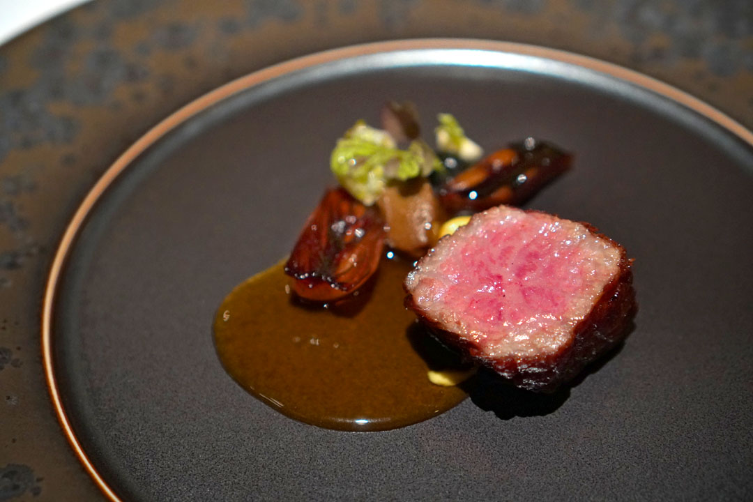 A5 Wagyu, Miso-Eggplant, Matsutake Broth, Black Garlic