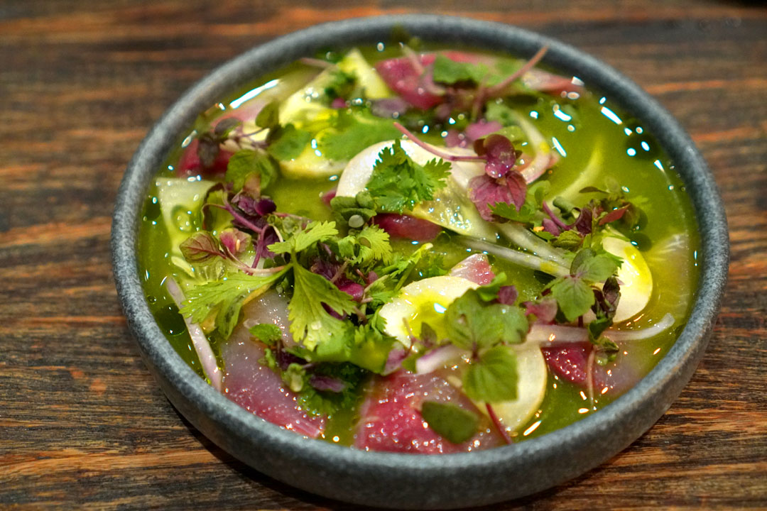 Hamachi, arava melon aguachile, cucumber, shallot, cilantro