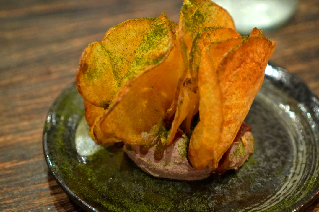 Duck liver, coconut caramel, potato chips, garlic, aonori