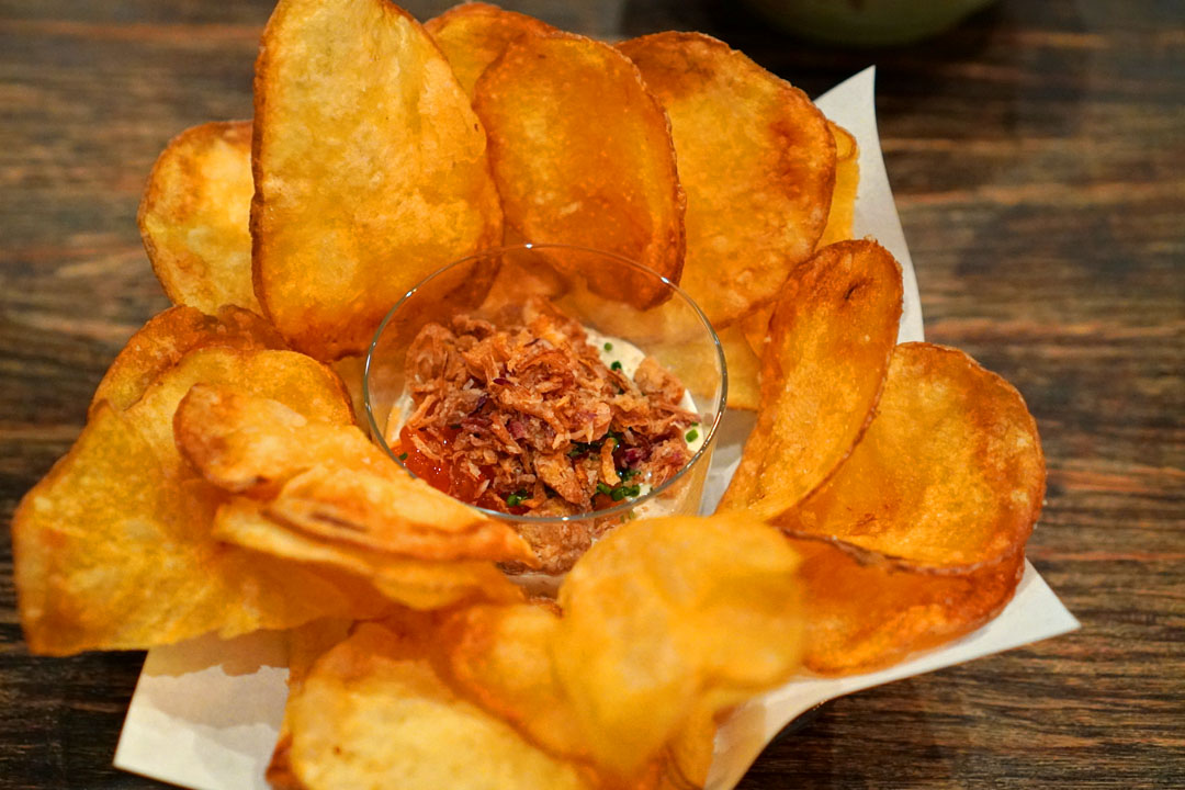 Dad's onion dip, salmon roe, fried shallots, chips