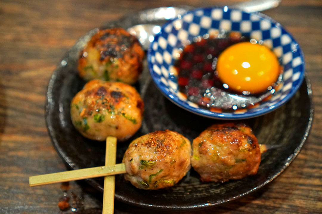 Tsukune, hen yolk, tare, porchetta spices