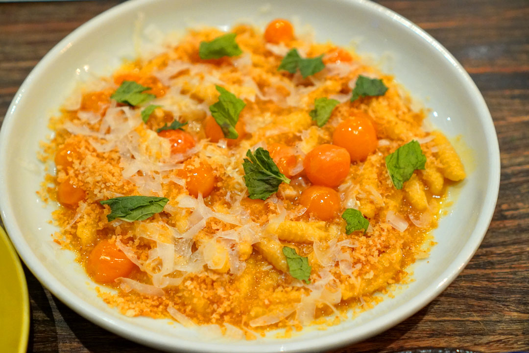 Cavatelli pasta, crab, sungold tomato, mint, pecorino