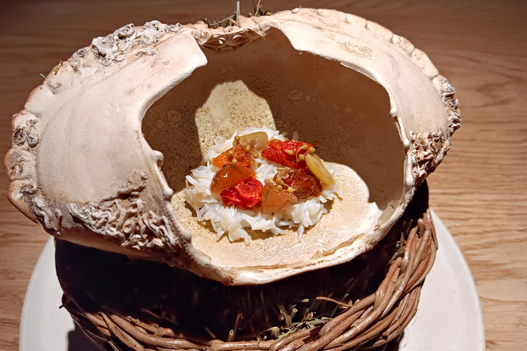 Brown crab with gooseberries and mirabelle blossom