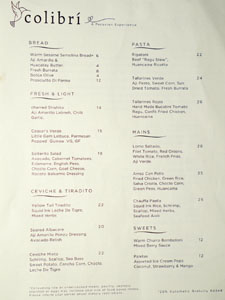 Colibrí Menu