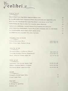 Colibrí Beverage List