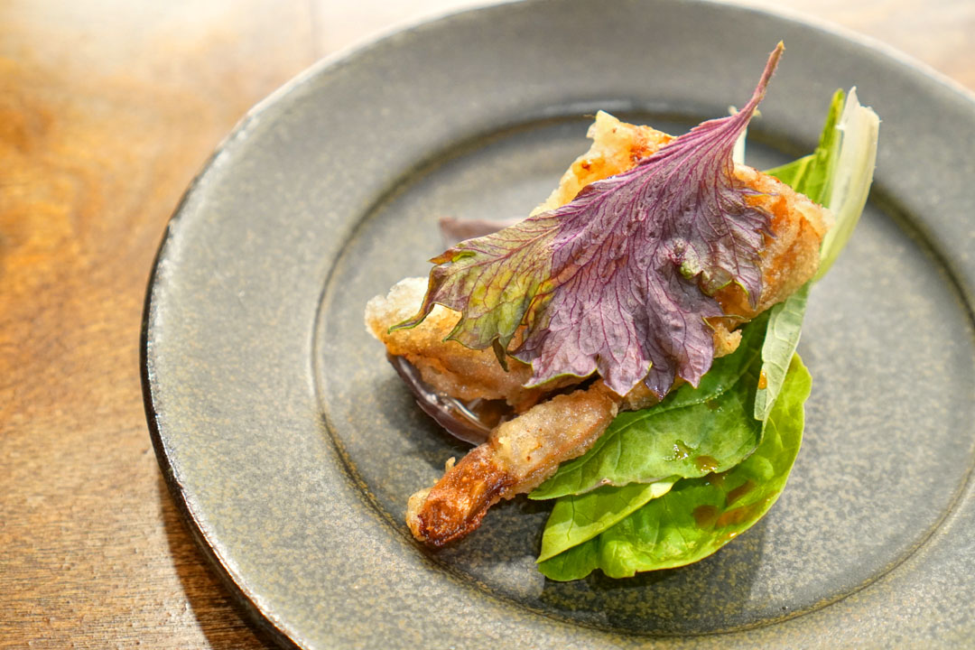 fried gaejang local soft-shell crab, seabuckthorn, ssam