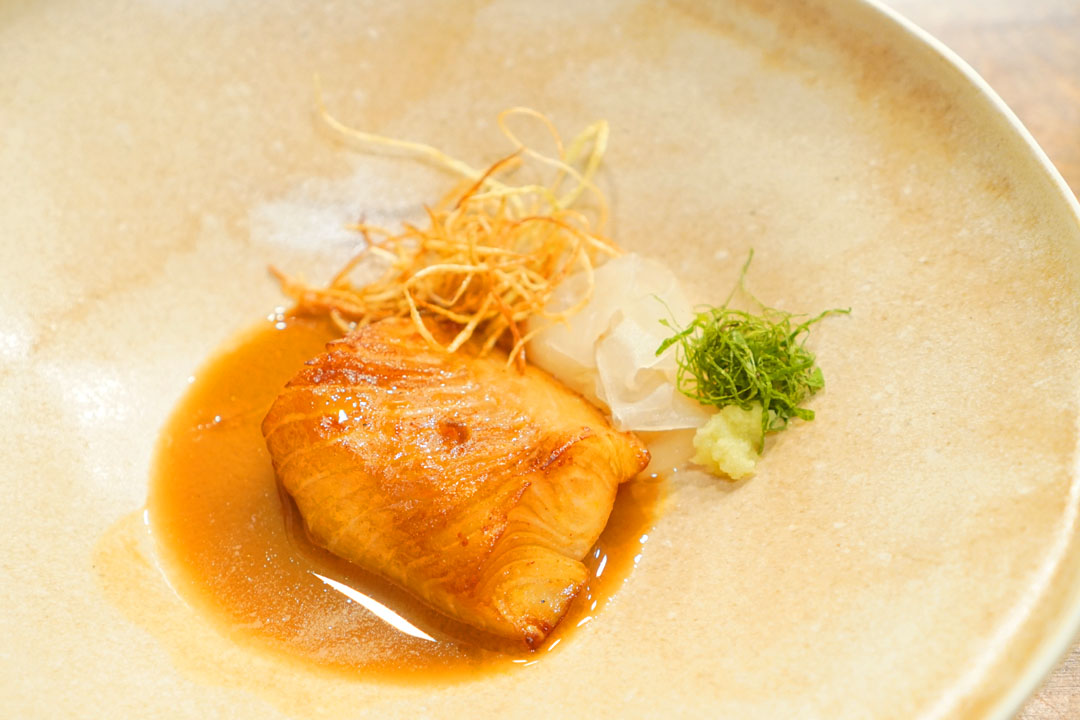 soy-braised wild black cod, dongchimi, lemongrass, buttermilk, green papaya