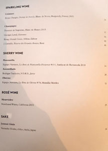 Eleven Madison Park Bar Menu: Sparkling Wine, Sherry Wine, Rosé Wine, Sake