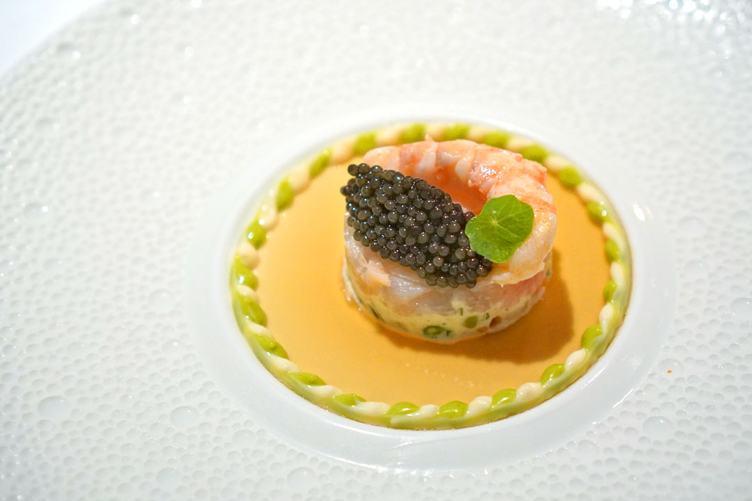 Duo of Scottish langoustine tartare and tails, oscietra caviar, vegetable macedoine with horseradish, tarragon emulsion