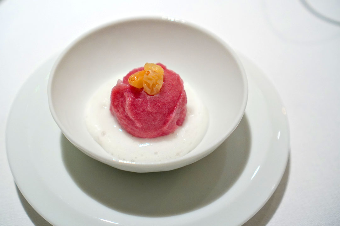 Pomegranate sorbet with Muscat wine espuma and toasted almonds