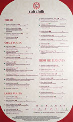 Cali Chilli Menu: Bread, Small Plates, Large Plates, From the Clay Oven