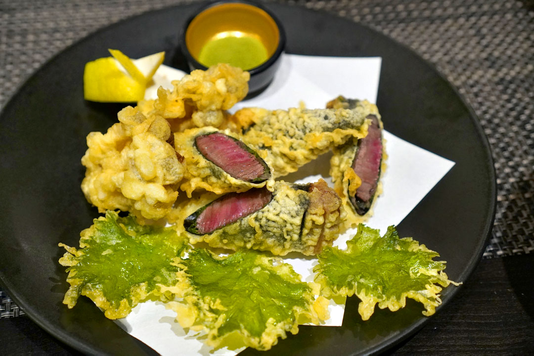 A5 wagyu fillet bite-sized tempura, Japanese shiso & nori-seaweed wrapped 60g Japanese wagyu tempura