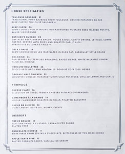 Butcher's House Brasserie Menu: House Specialties, Fromage, Dessert