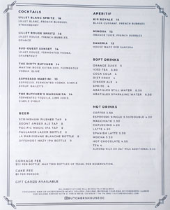 Butcher's House Brasserie Cocktail List & Beer List