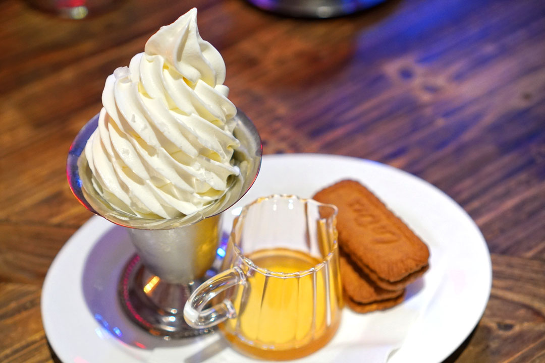 frozen milk soft-cream with rum honeycomb & sourdough biscoff cookies