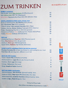 Lustig Wines by the Glass & Beer List