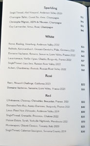 SingleThread Rooftop Wines by the Glass List