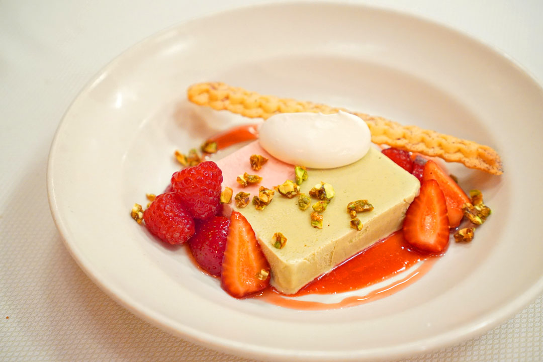 Strawberry and pistachio ice cream bombe