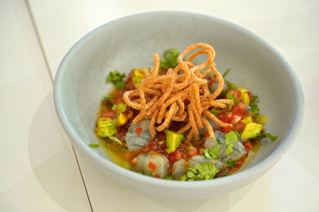 Transparentsea Prawn 'Ceviche', pico de gallo, ponzu, avocado, crispy noodles, cilantro