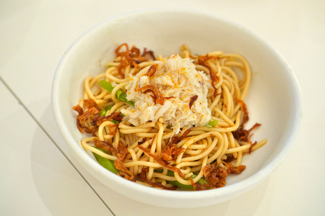 Cold Crab Noodles, Semolina organic spaghetti, local dungeness crab meat, bottarga, fried shallots, shallot oil