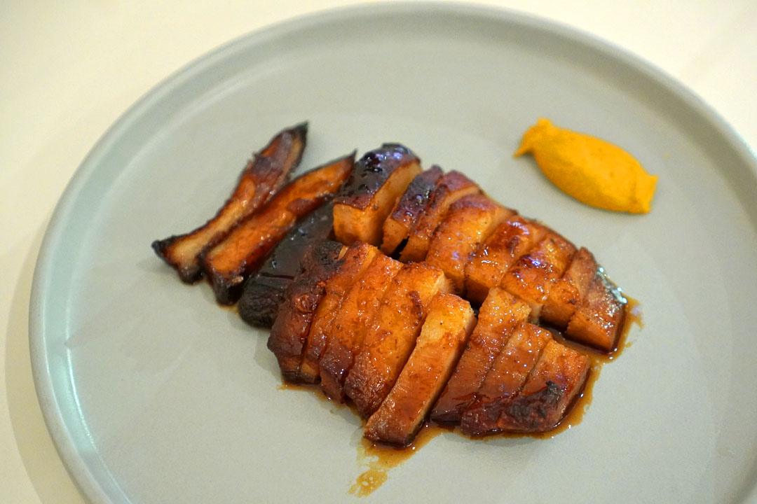 Smoked Pork Jowl Cha Siu, Peads & Barnetts pork, hot mustard