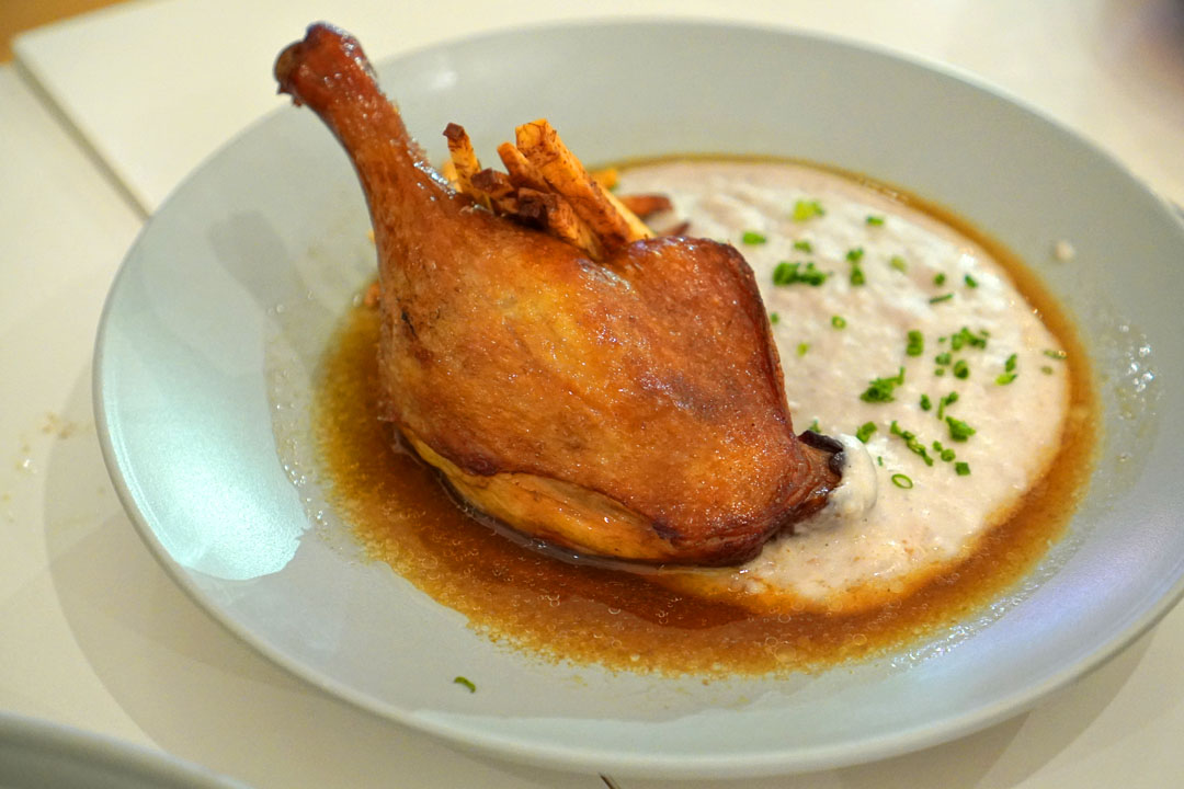 Braised Duck Leg with Taro, soy-braised Jurgielewicz duck leg, organic Yao Cheng Farms taro purée, chives, soy jus