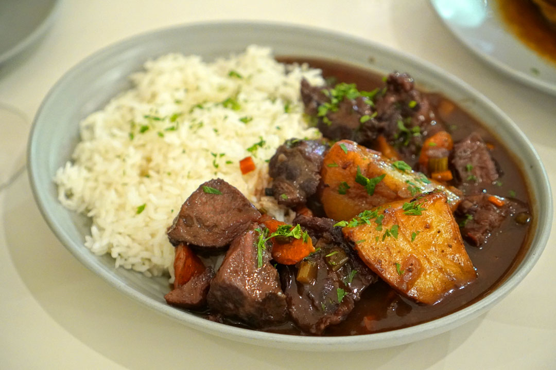 Santa Carota Beef Cheek Stew, red wine, white rice, potatoes, carrots, parsley