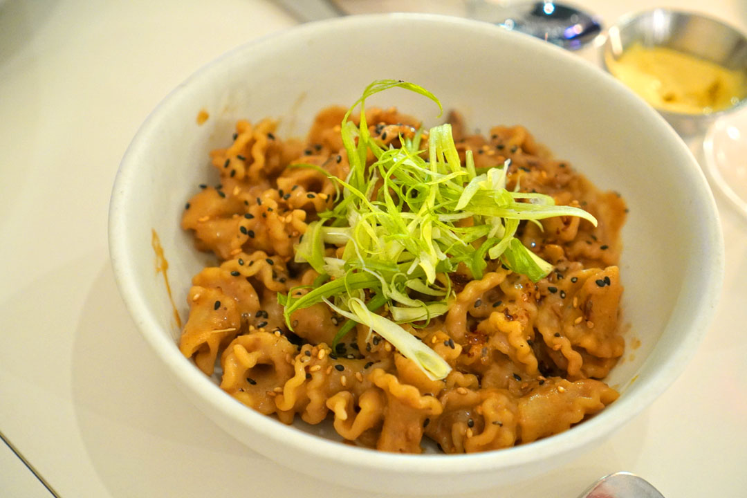 'Dan Dan' Campanelle, Semolina organic campanelle, Bih Shan mushrooms, mustard stems, chili crisp, scallion