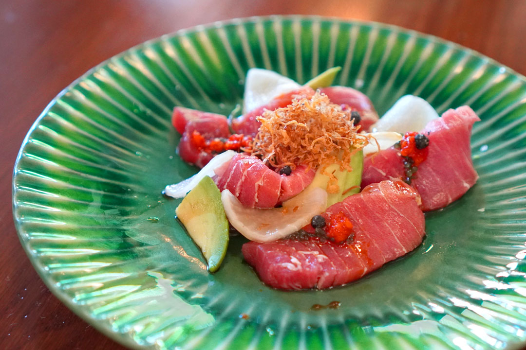 Tuna, avocado, ginger soy, pepper relish, fried ginger, sea grapes, yuzu daikon