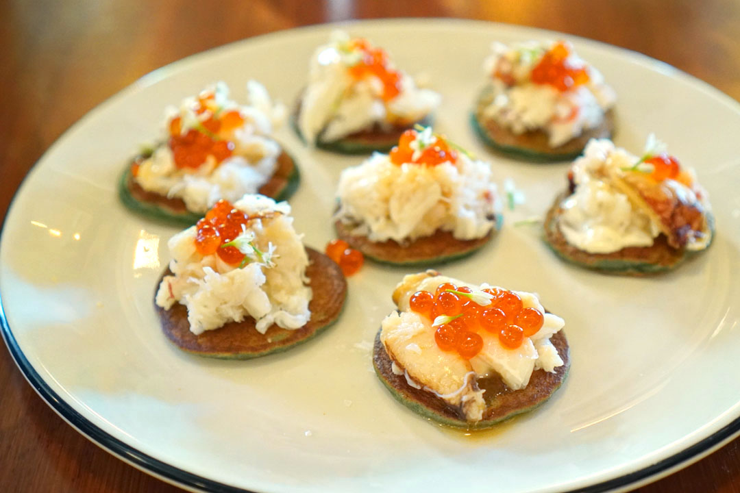 Dungeness crab, ikura, purple yam blini, buckwheat honey butter