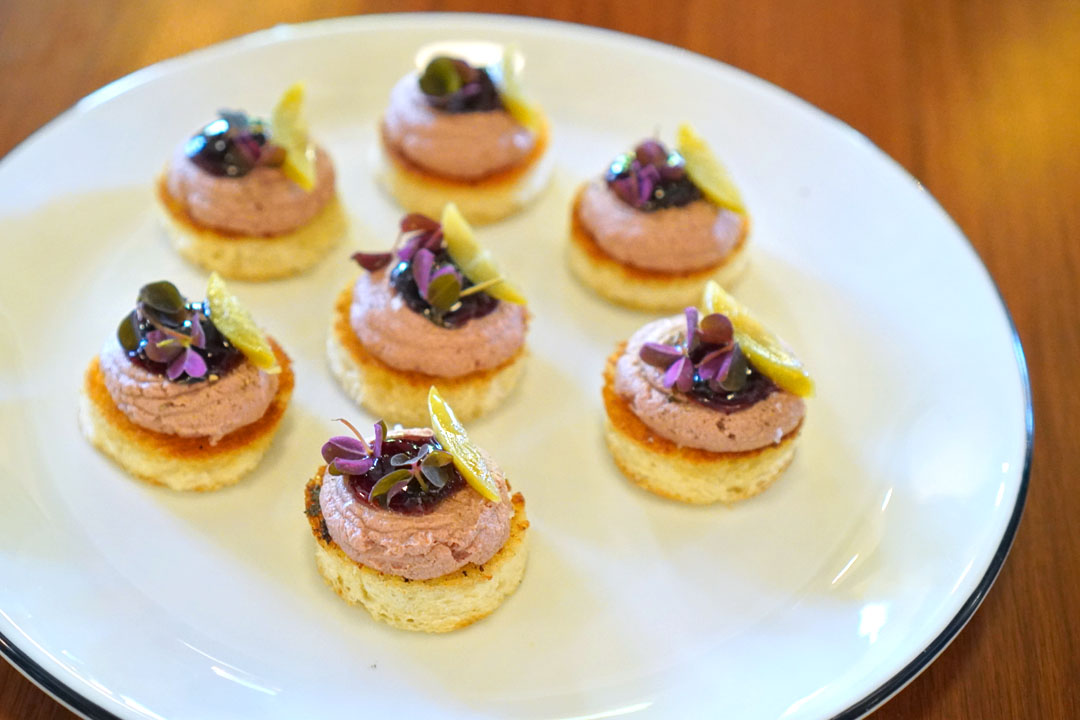 Chicken liver mousse toast, cherry jam, green peach confit, oxalis