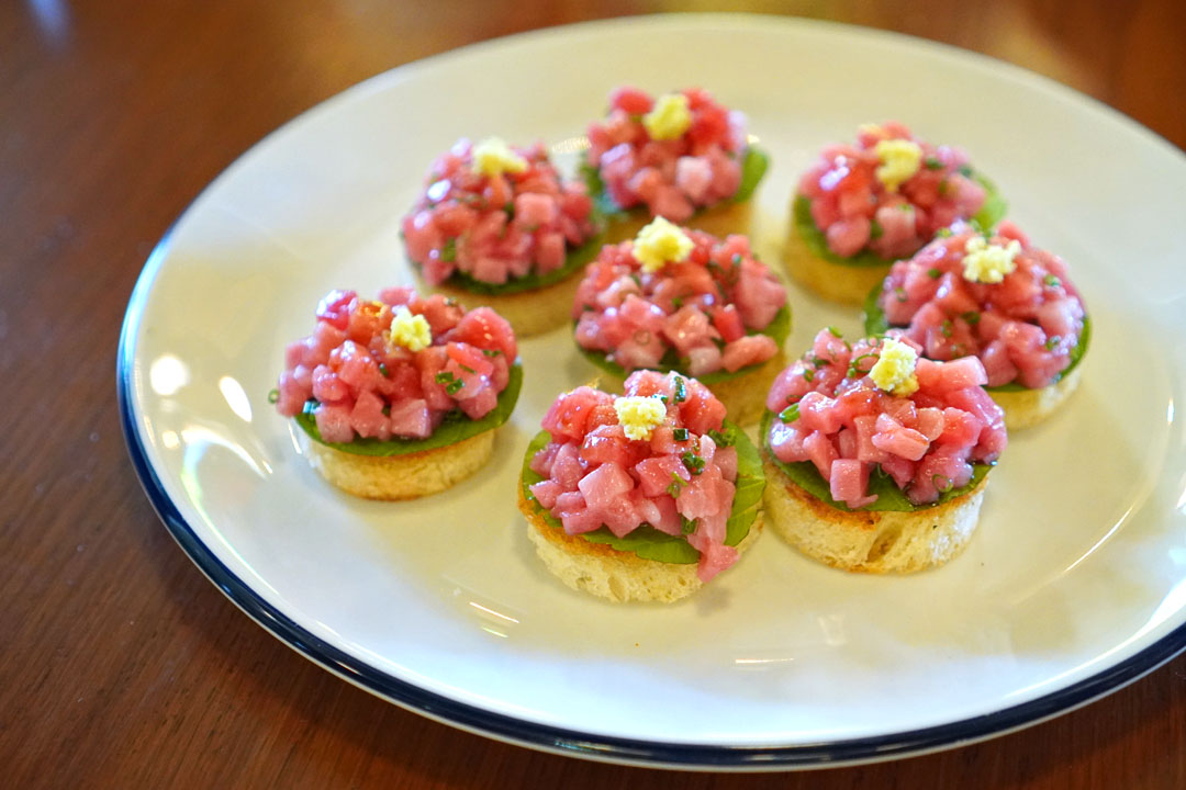 Otoro toast, taré, shiso, crème fraîche, fresh wasabi