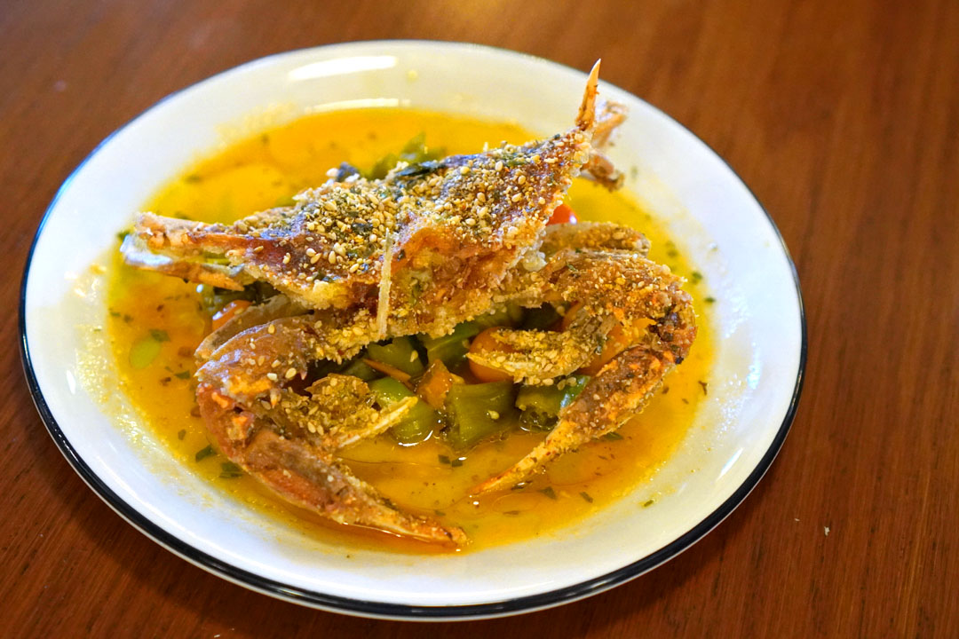 Soft shell crab, sungold tomato sauce vierge