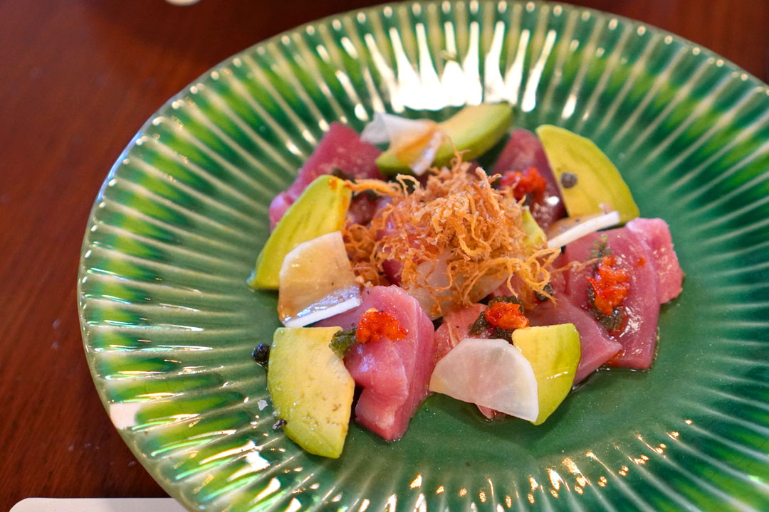 Tuna, avocado, ginger soy, pepper relish, fried ginger, sea grapes, yuzu daikon