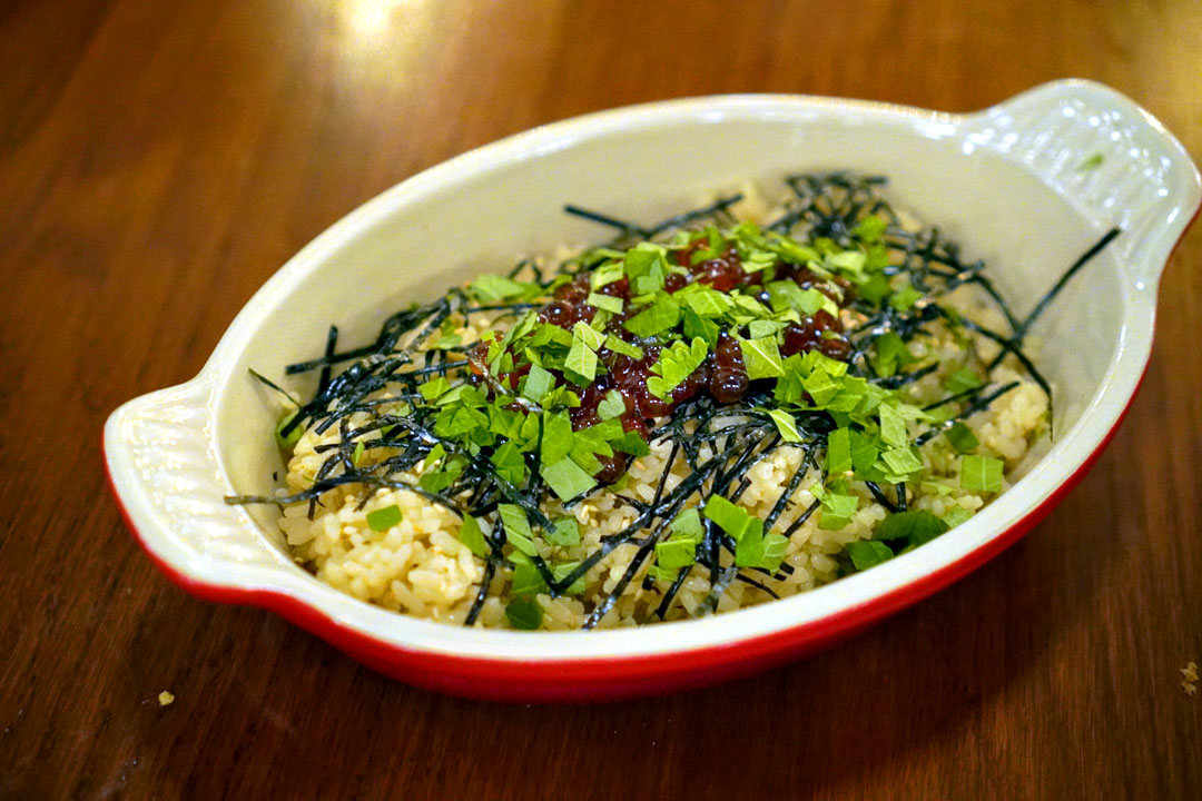 Kombu rice, garlic butter, shiso, nori + With house-cured ikura