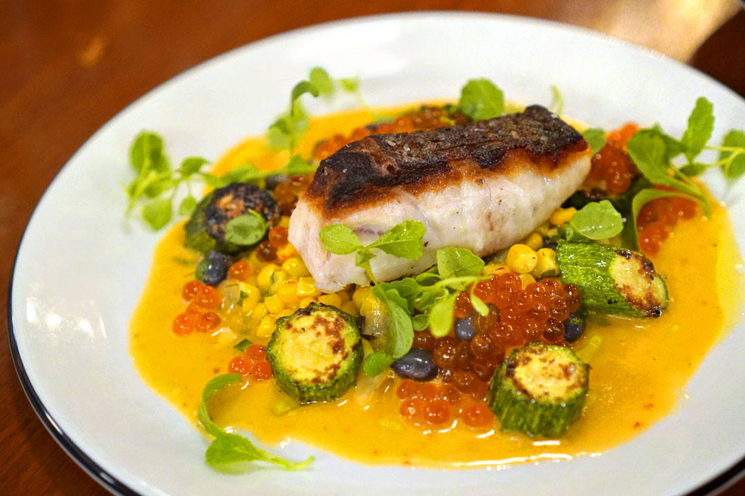 Striped bass, Brentwood corn, summer squash, fresh coco beans, ikura, yuzu kosho sauce