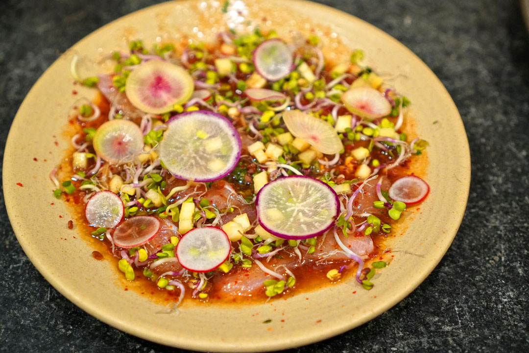 Hamachi, Galbi Vinaigrette, Pink Lady Apple, Radish Sprout, Mungbean Sprouts