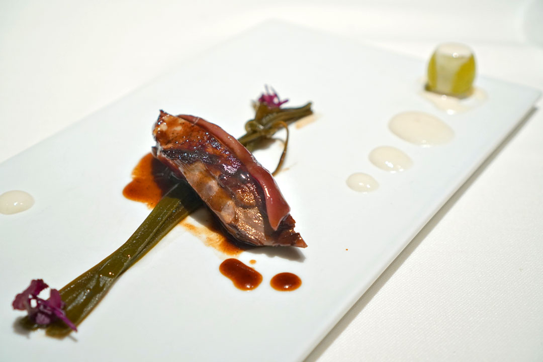 Squab with amasake kombu spaghetti, almond and grape - 2022