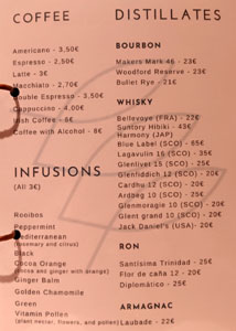 Estimar Coffee List, Infusions List, Distillates List