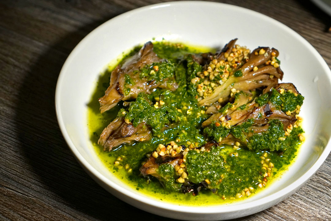 smoked and confit MAITAKE MUSHROOM, 'kind of chimichurri', buckwheat