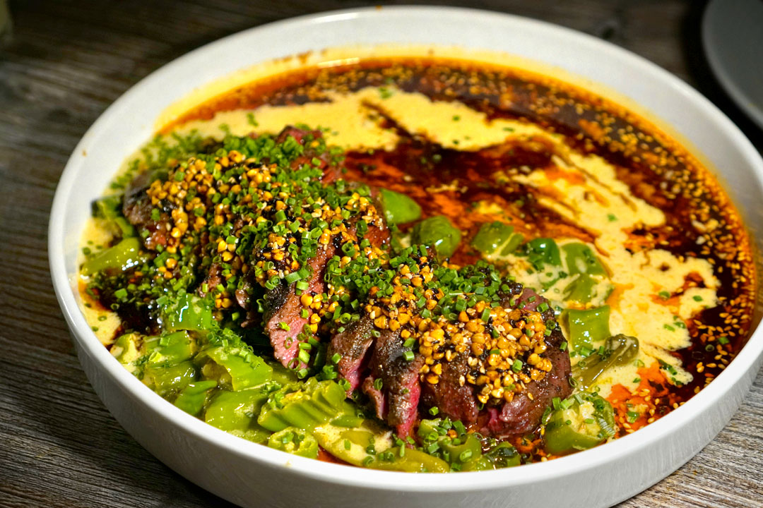 HANGER STEAK, koji, sesame seed & aleppo chili crunch