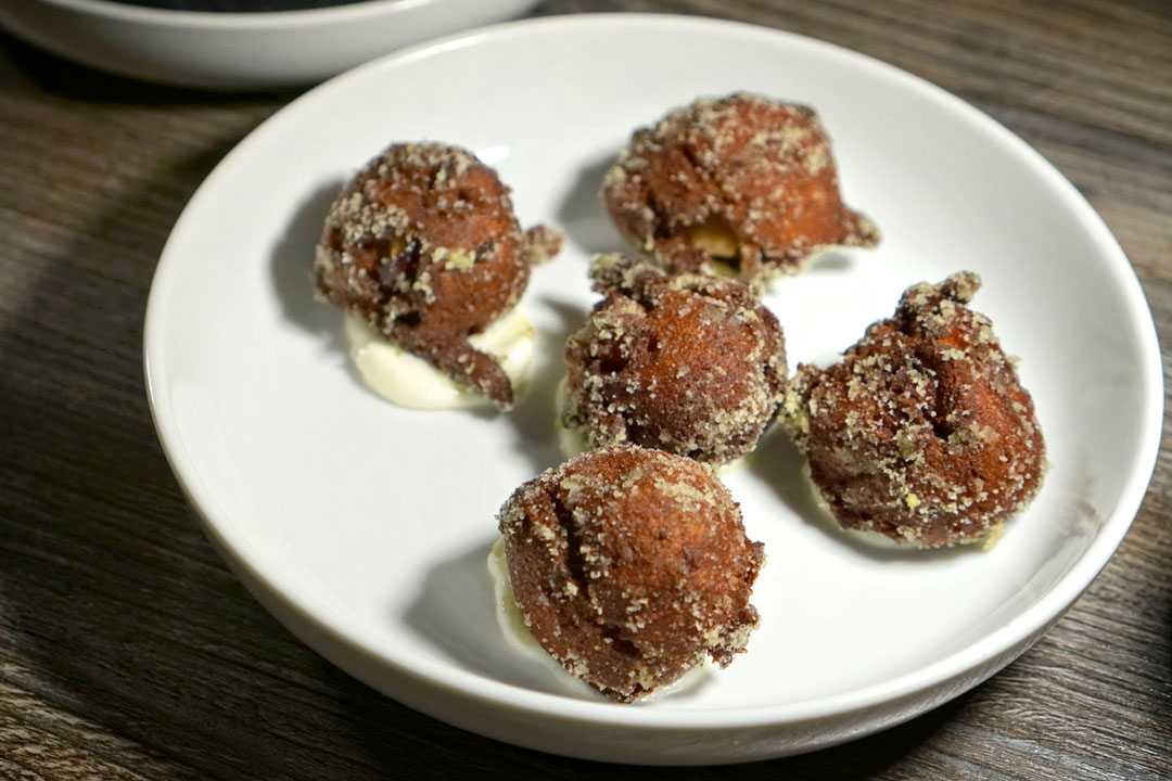 ricotta apple fritter DONUTS, sage sugar, creme fraiche