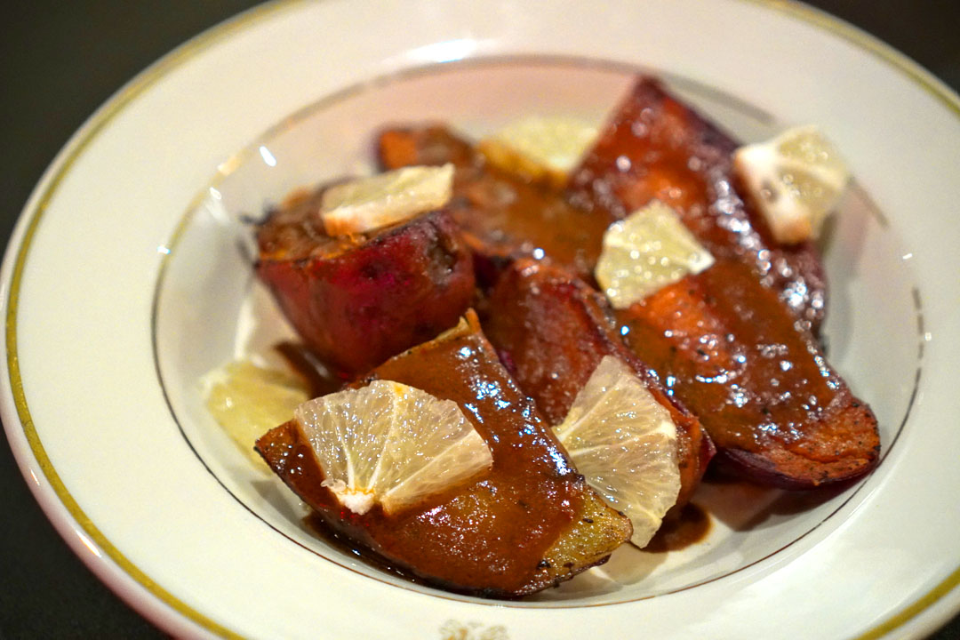 sweet potato, pink peppercorn, yogurt