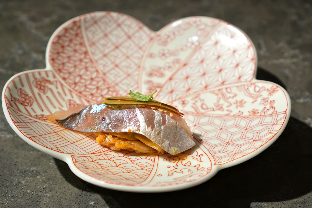 horse mackerel, aged kimchi, perilla
