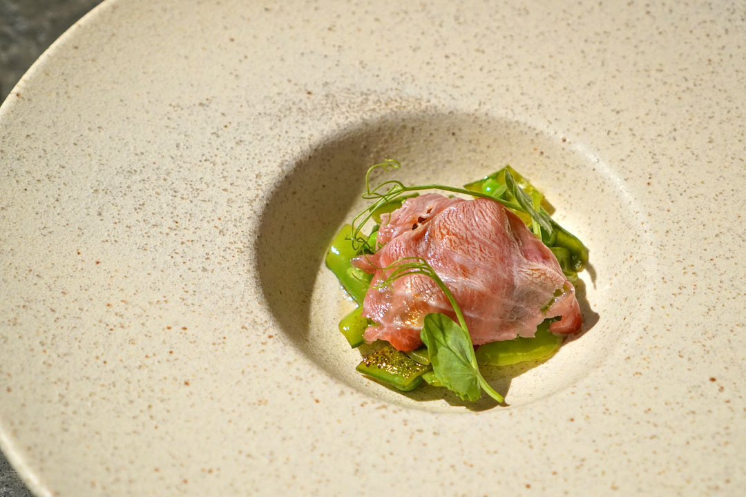tuna belly, peas, smoked soy sauce
