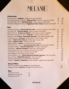 Melanie Wine List: Chilled Red, Red, Dessert Wine, Beer