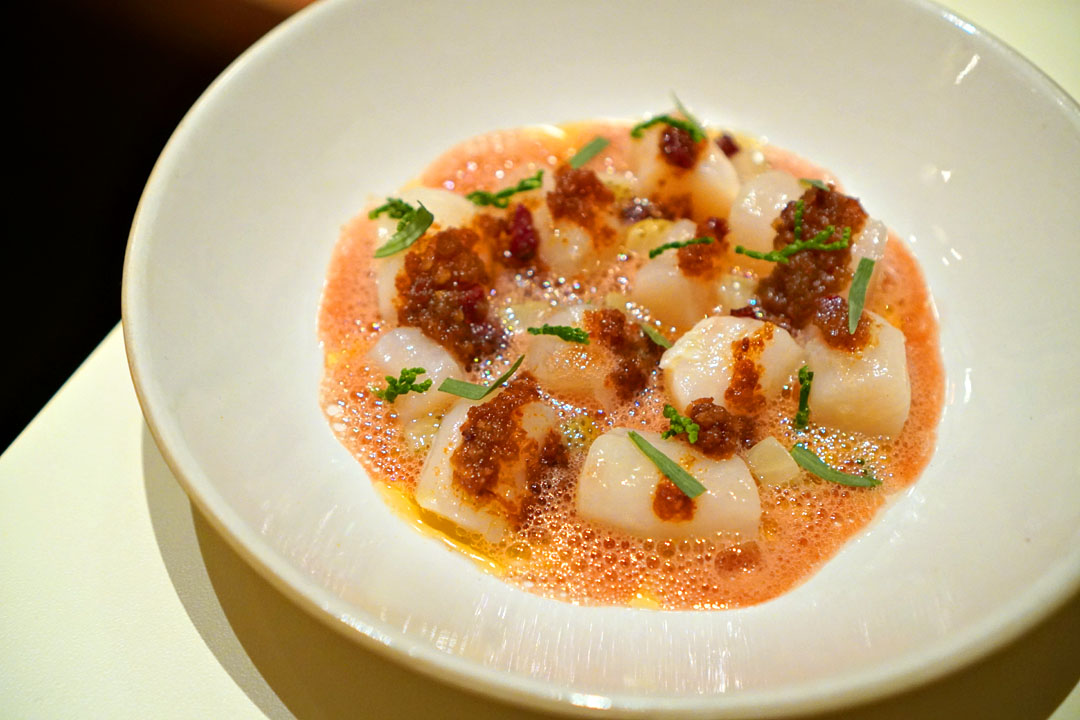 Scallop Crudo, XO, White Strawberry, Sea Beans
