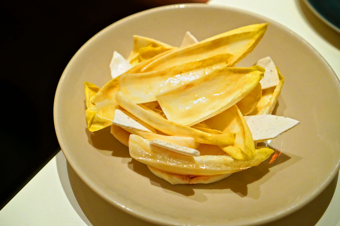Endive Salad, Savory Meringue, Caramelized Yeast, Pear Crémeux