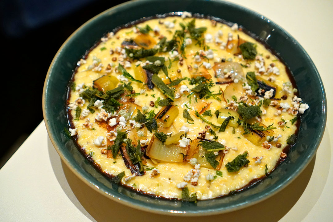 Tehachapi Polenta, Verjus Braised Leeks, Popped Sorghum, Fried Herbs